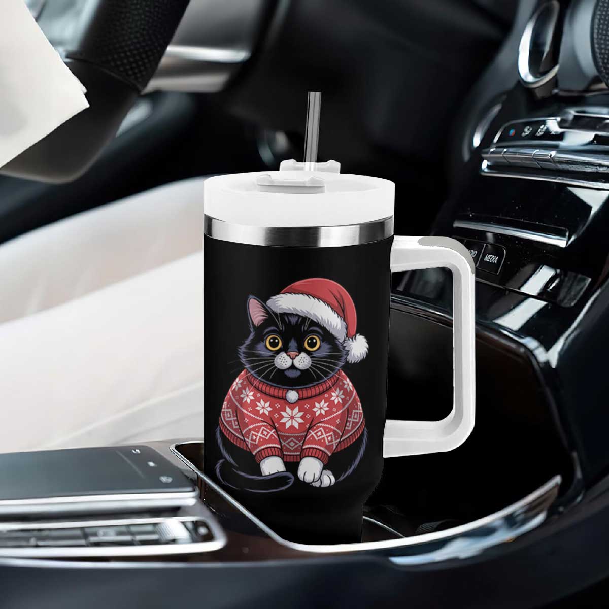 Christmas Black Cat Tumbler With Handle Catmas Gift For New Year TS10 Print Your Wear
