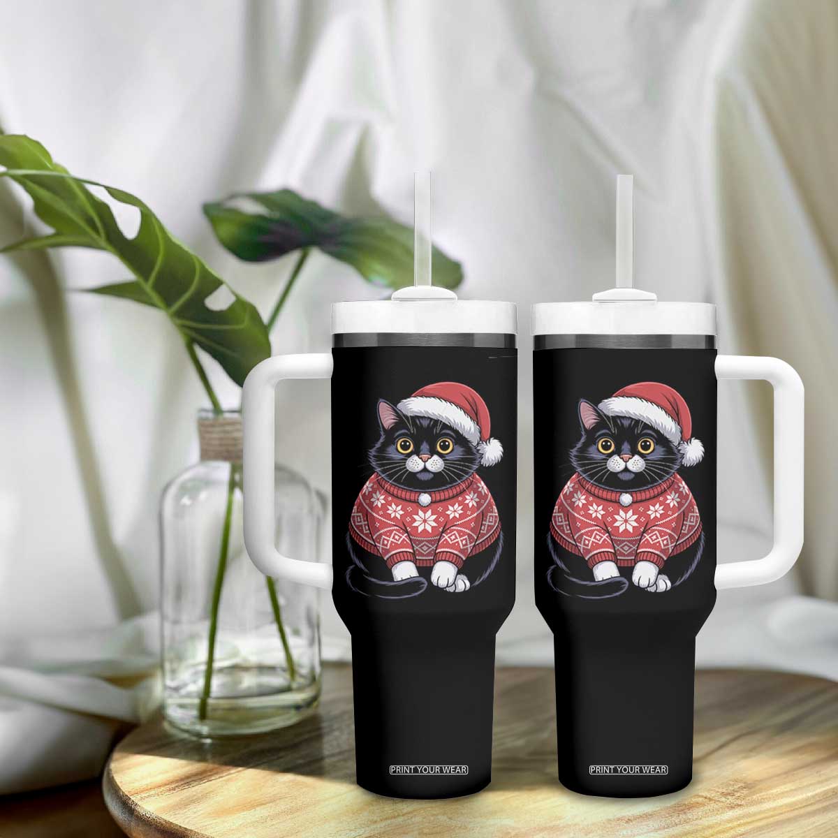 Christmas Black Cat Tumbler With Handle Catmas Gift For New Year TS10 Print Your Wear