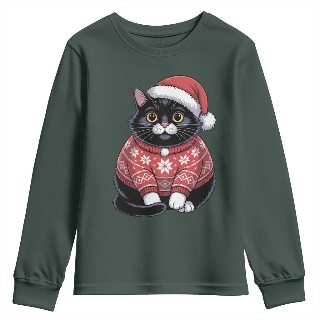 Christmas Black Cat Youth Sweatshirt Catmas Gift For New Year TS10 Dark Forest Green Print Your Wear