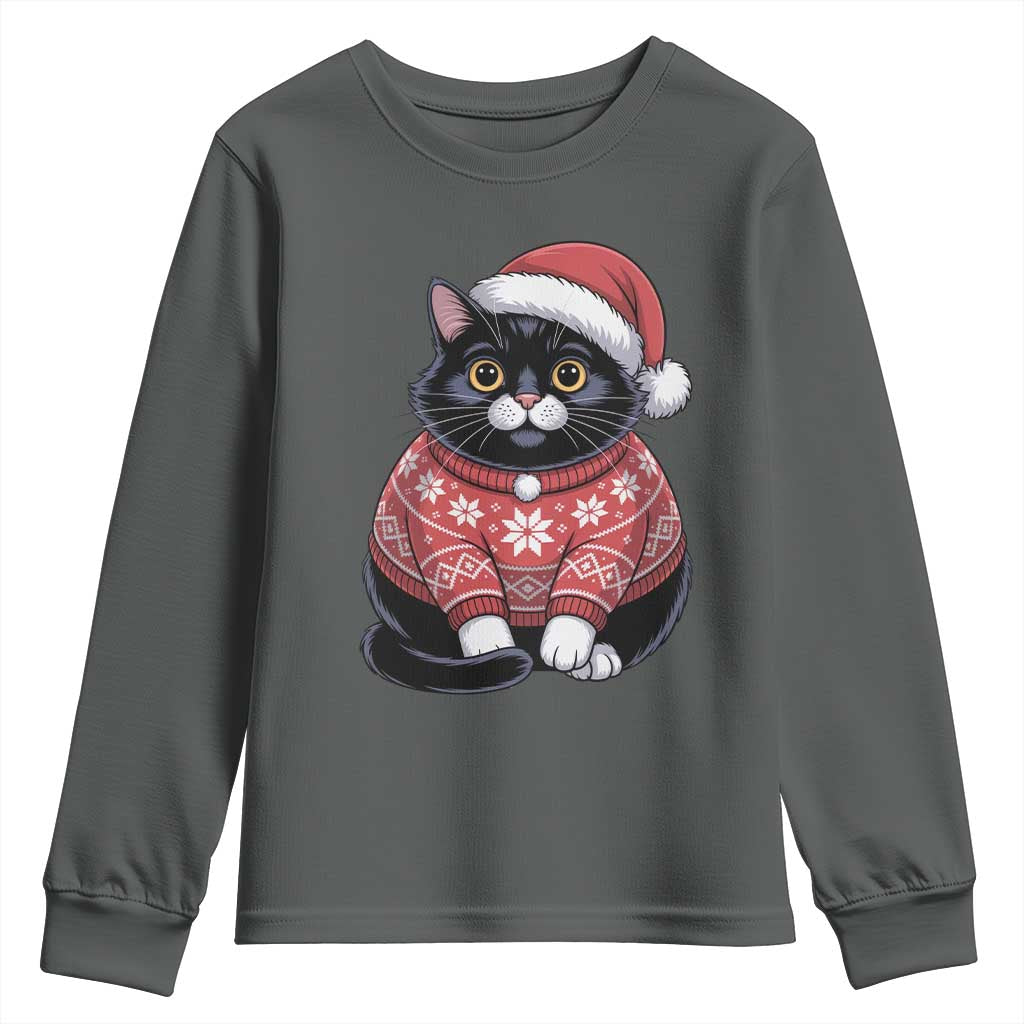 Christmas Black Cat Youth Sweatshirt Catmas Gift For New Year TS10 Dark Heather Print Your Wear