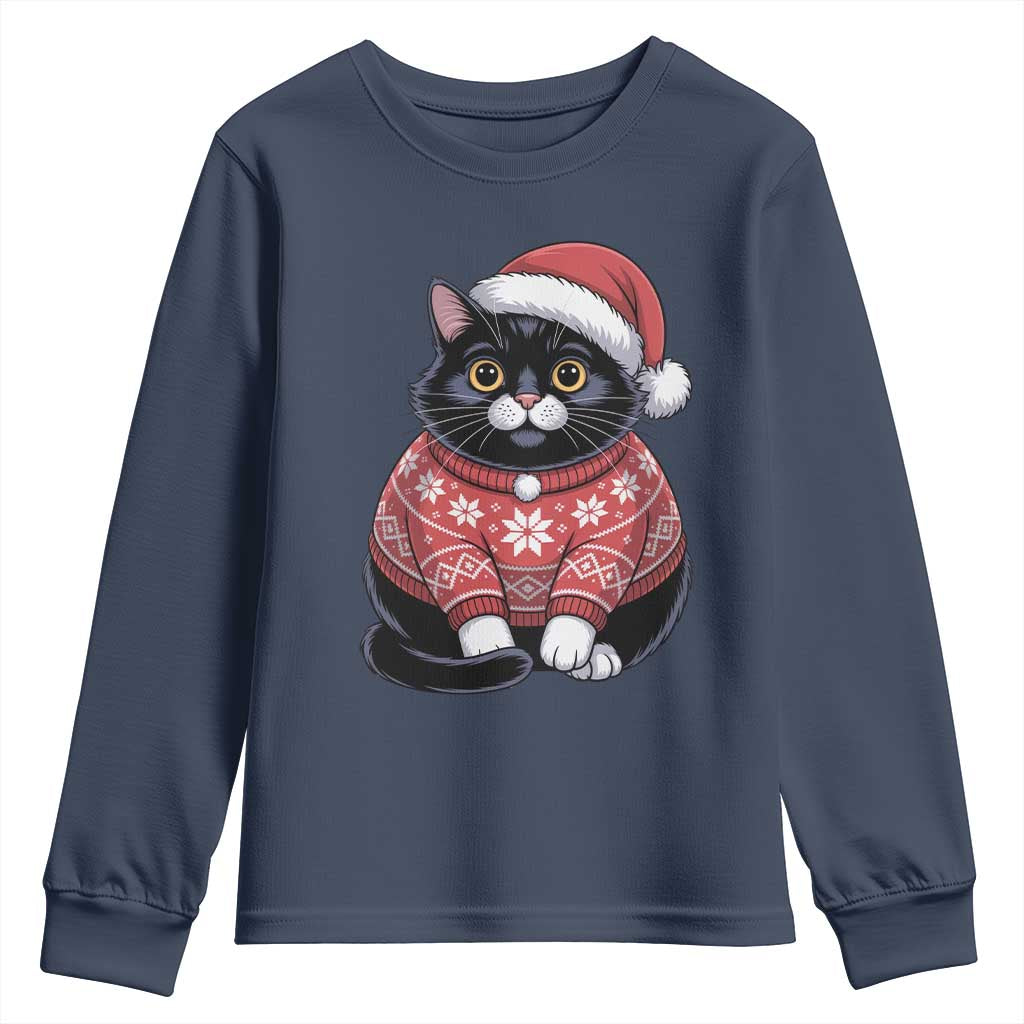 Christmas Black Cat Youth Sweatshirt Catmas Gift For New Year TS10 Navy Print Your Wear