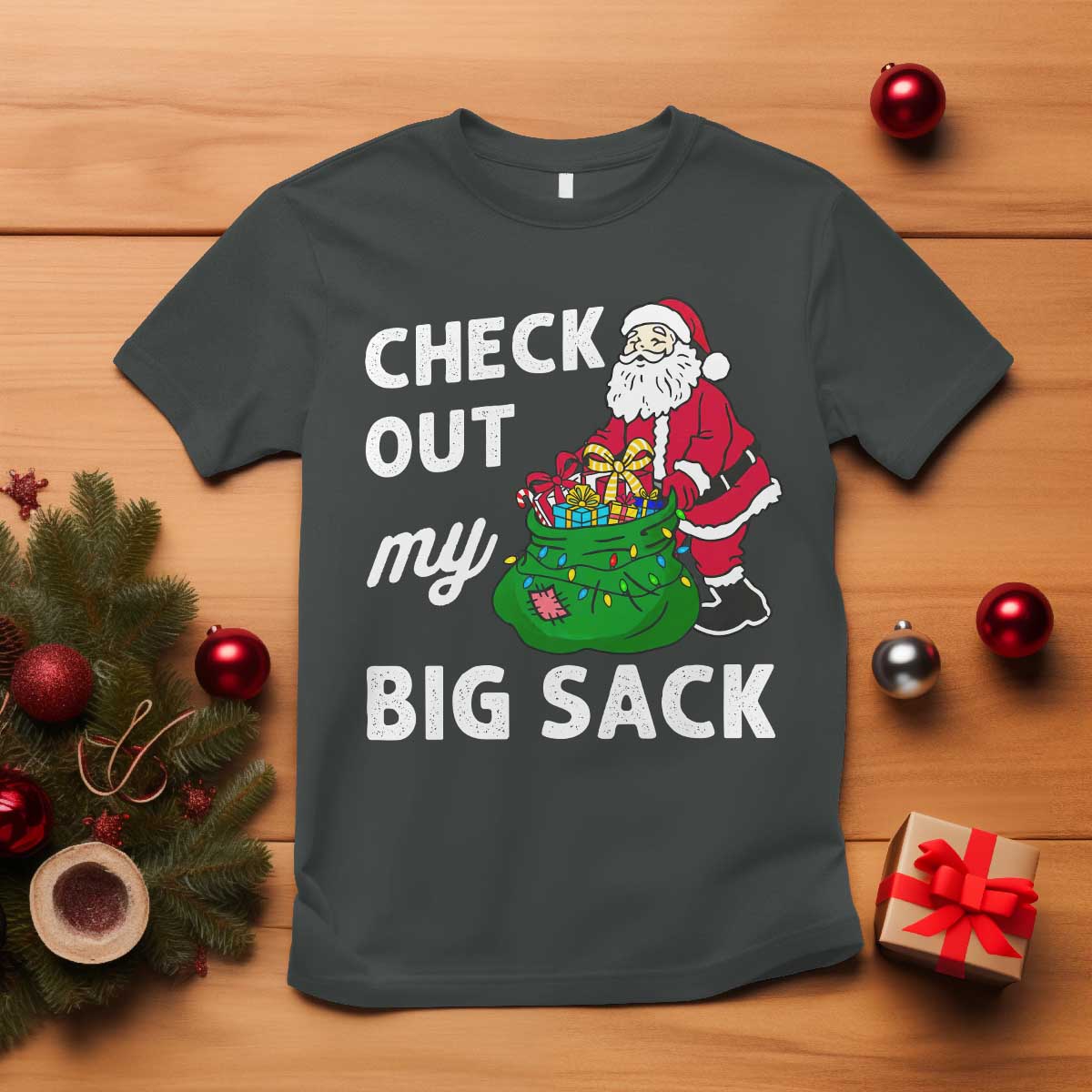 Retro Funny Santa T Shirt Christmas Joke Check Out My Big Sack TS10 Dark Heather Print Your Wear