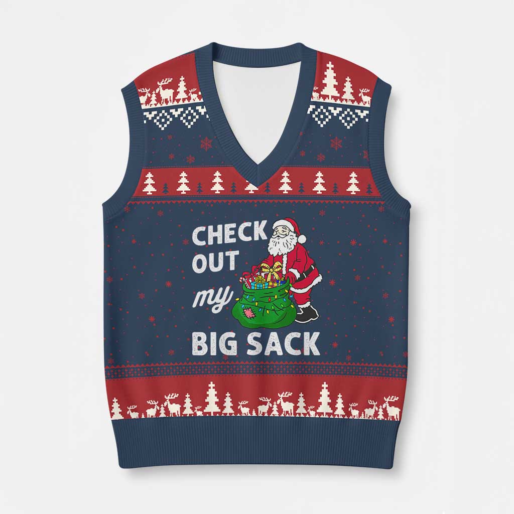 Retro Funny Santa V-Neck Knit Sweater Vest Xmas Joke Check Out My Big Sack TS10 Navy Red Print Your Wear