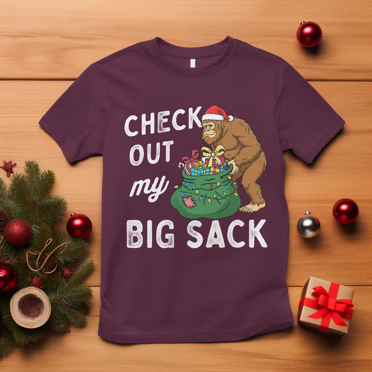 Santa Bigfoot Christmas T Shirt Funny Sasquatch Xmas Joke TS10 Maroon Print Your Wear