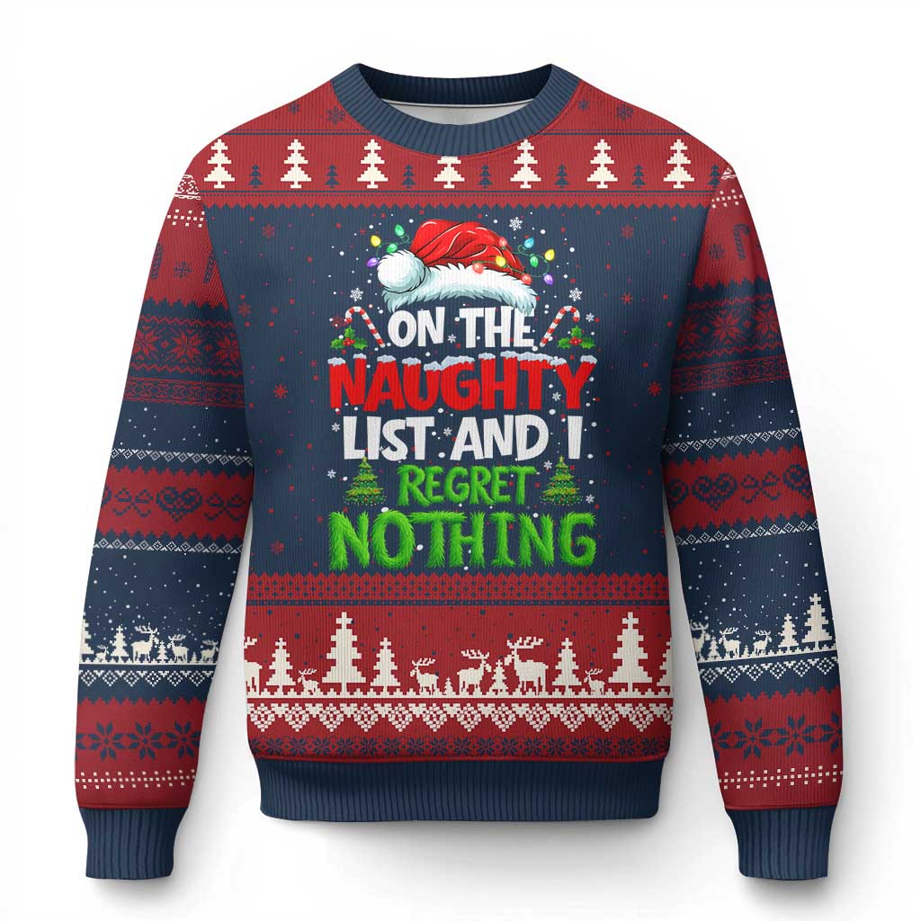 Funny Xmas Ugly Christmas Sweater On The Naughty List I Regret Nothing TS10 Navy Red Print Your Wear