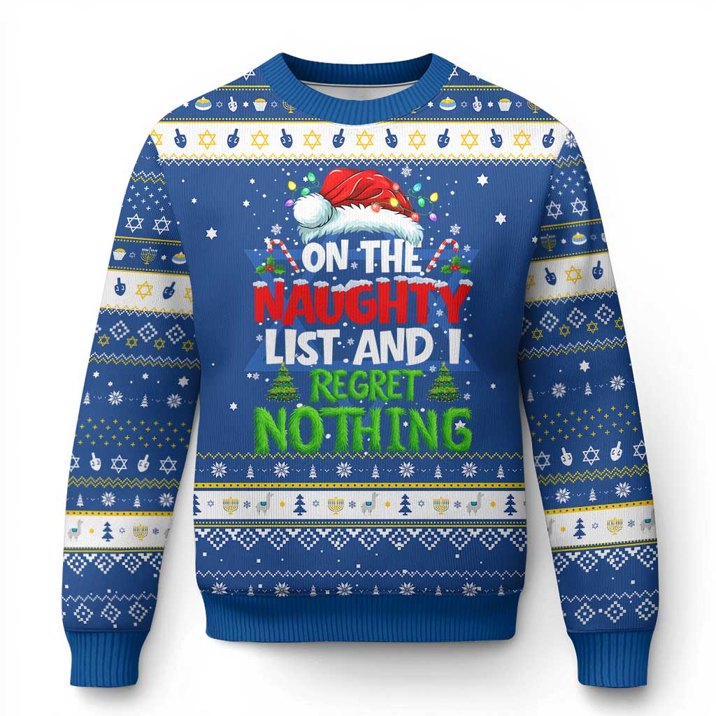 Funny Christmas Hanukkah Ugly Sweater On The Naughty List I Regret Nothing TS10 Blue White Print Your Wear