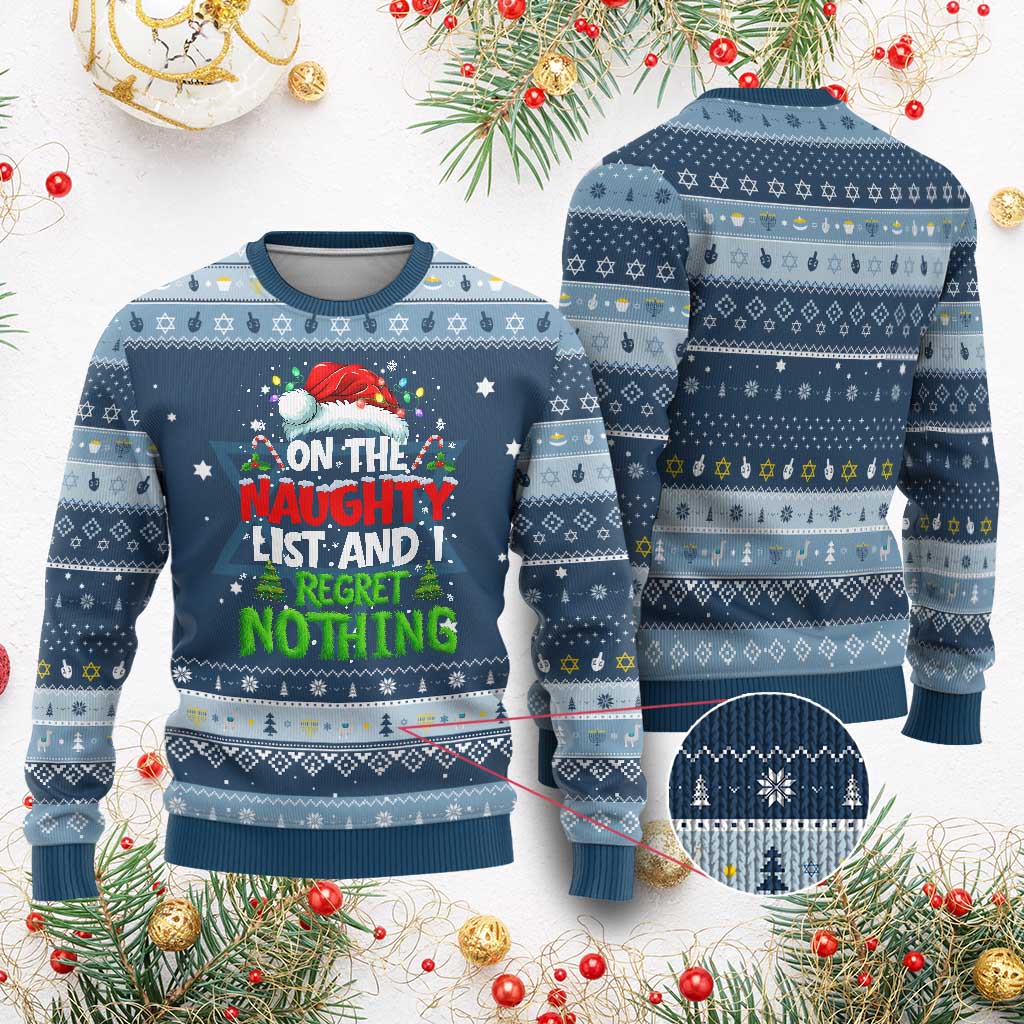 Funny Christmas Hanukkah Ugly Sweater On The Naughty List I Regret Nothing TS10 Navy Light Blue Print Your Wear