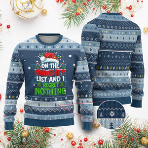 Funny Christmas Hanukkah Ugly Sweater On The Naughty List I Regret Nothing TS10 Navy Light Blue Print Your Wear
