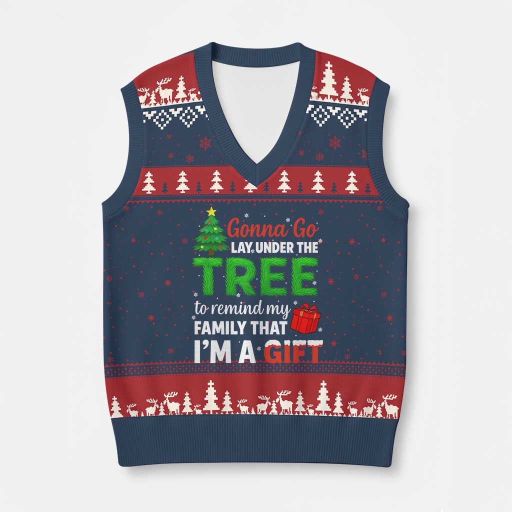 Funny Xmas V-Neck Knit Sweater Vest Lay Under The Tree Xmas Family Pajama Gift TS10 Navy Red Print Your Wear