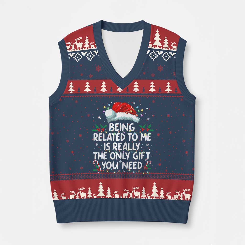 Being Related To Me Funny Xmas V-Neck Knit Sweater Vest Family Xmas Pajamas TS10 Navy Red Print Your Wear