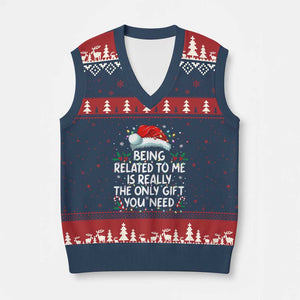 Being Related To Me Funny Xmas V-Neck Knit Sweater Vest Family Xmas Pajamas TS10 Navy Red Print Your Wear