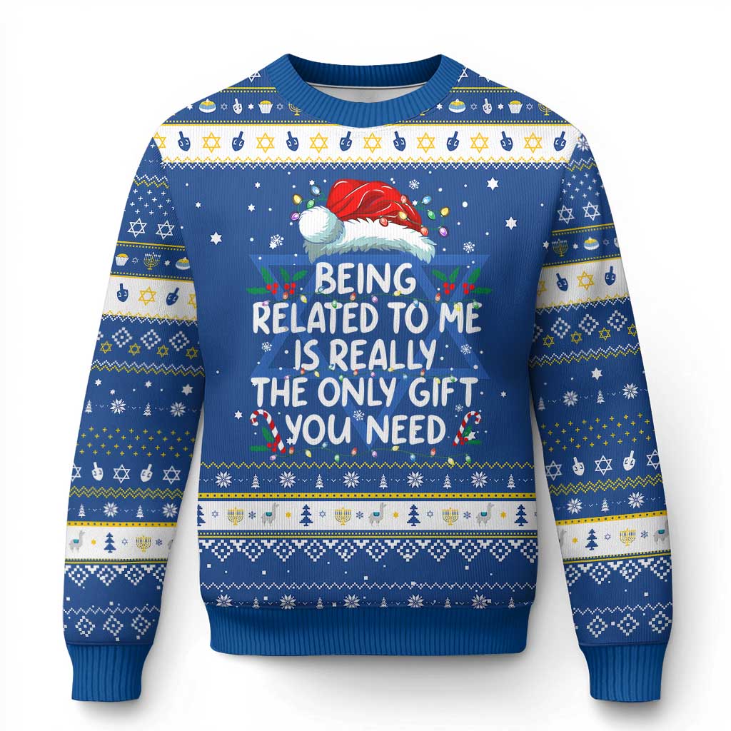 Being Related To Me Funny Christmas Hanukkah Ugly Sweater Family Xmas Pajamas TS10 Blue White Print Your Wear