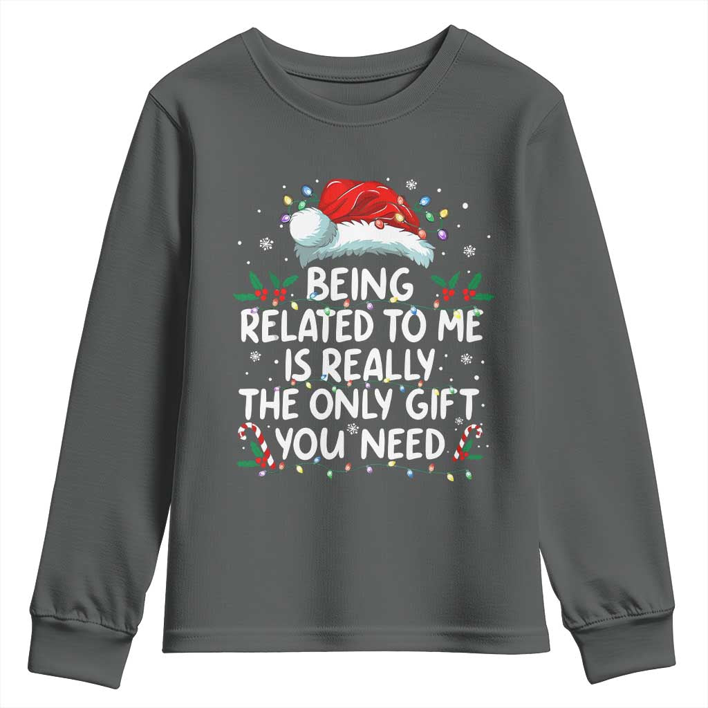 Being Related To Me Funny Christmas Youth Sweatshirt Family Xmas Pajamas TS10 Dark Heather Print Your Wear