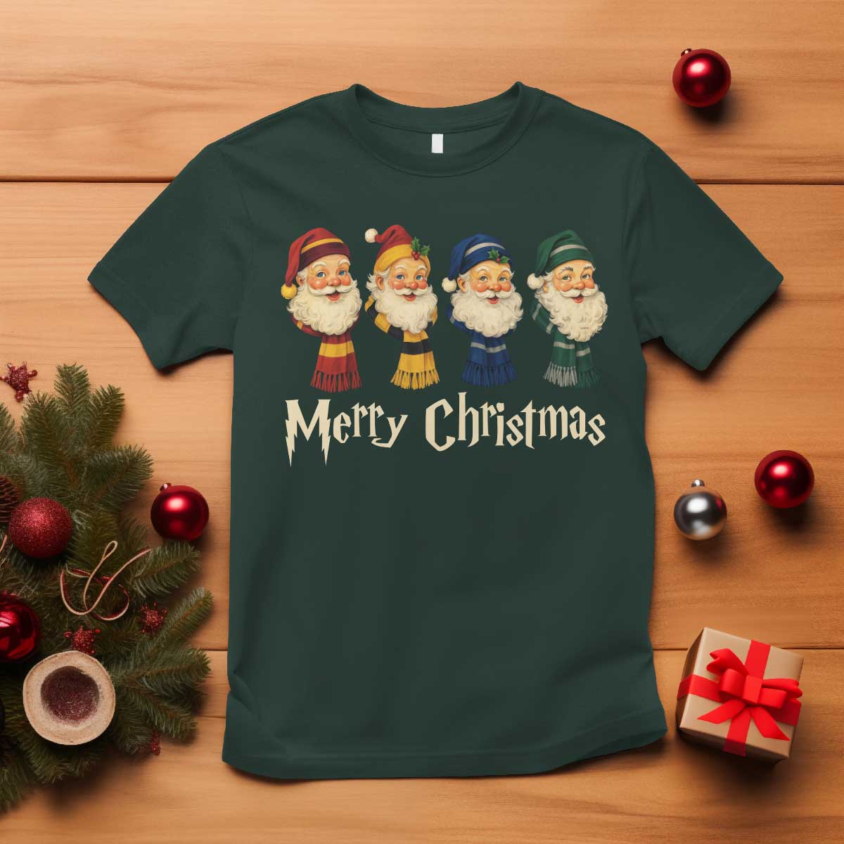 Merry Christmas Santa T Shirt Vintage Wizard Holiday Season Cute Family Pajama TS10 Dark Forest Green Print Your Wear