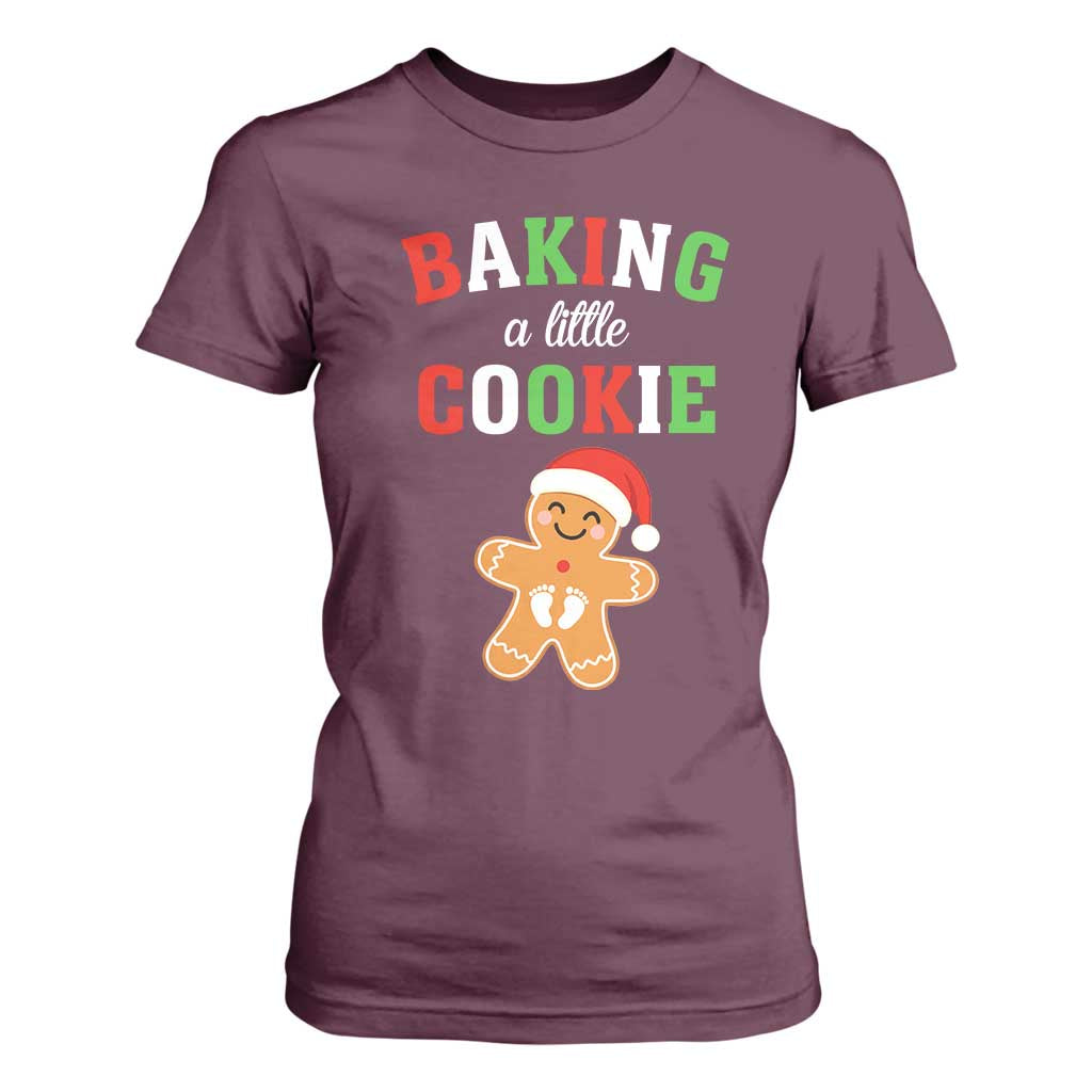 Christmas Pregnant T Shirt For Women Baking A Little Cookie Maternity Pregnancy Announcement TS10 Maroon Print Your Wear