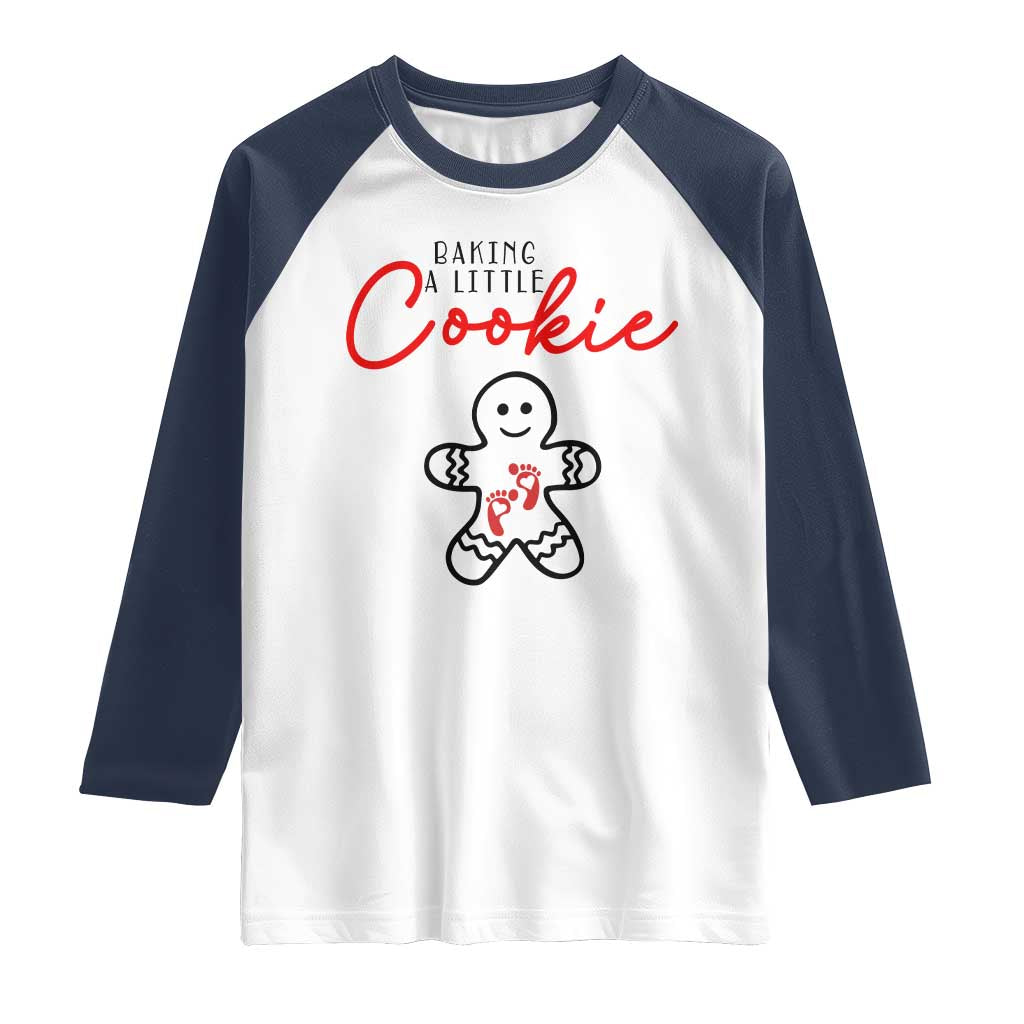 Christmas Pregnant Raglan Shirt Baking A Little Cookie Maternity Gingerbread TS10 White Navy Print Your Wear