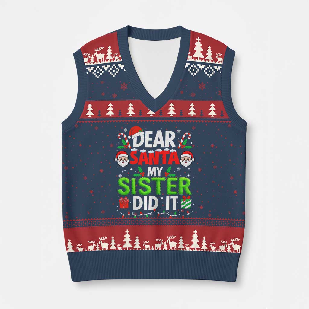Dear Santa My Sister Did It Funny Xmas V-Neck Knit Sweater Vest Boys Girls Kids TS10 Navy Red Print Your Wear