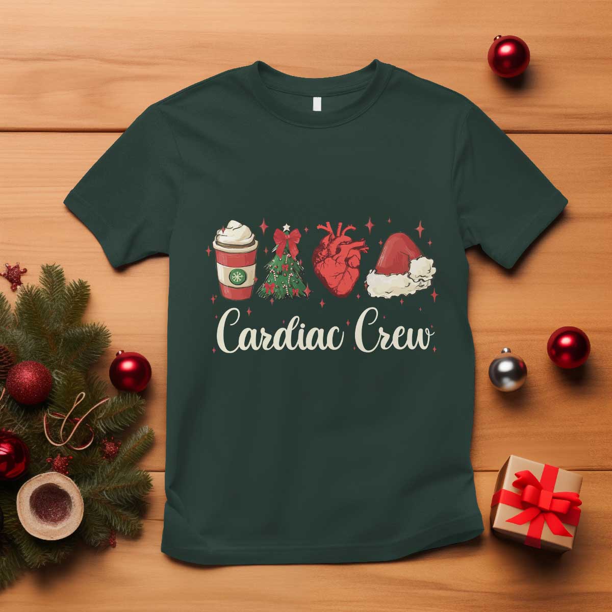 Christmas Cardiac Nurse T Shirt Cardiac Crew Anatomical Xmas Heart Anatomy Tree Bow TS10 Dark Forest Green Print Your Wear