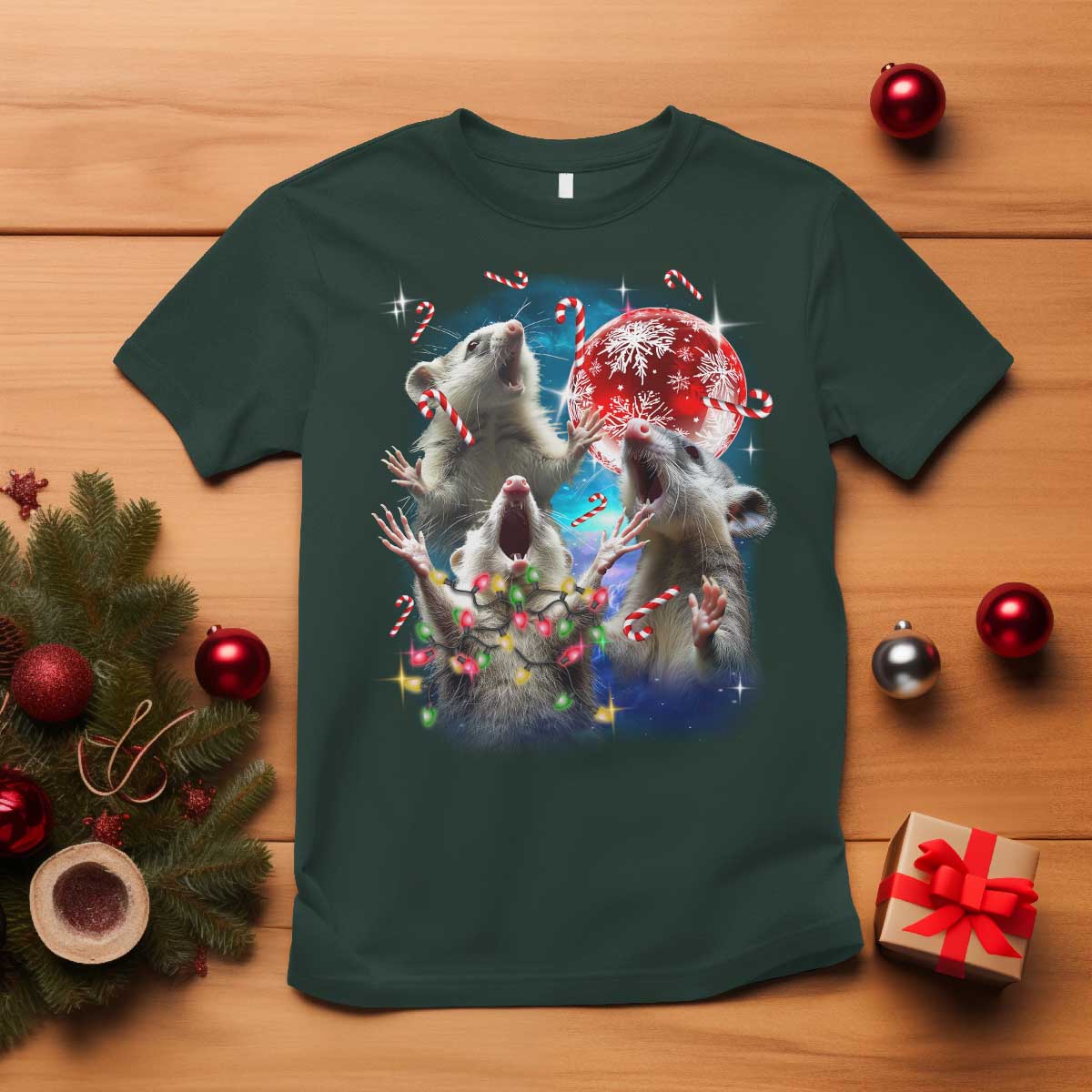 Possum Christmas T Shirt 3 Opossum Possum Funny Weird Cursed Meme TS10 Dark Forest Green Print Your Wear