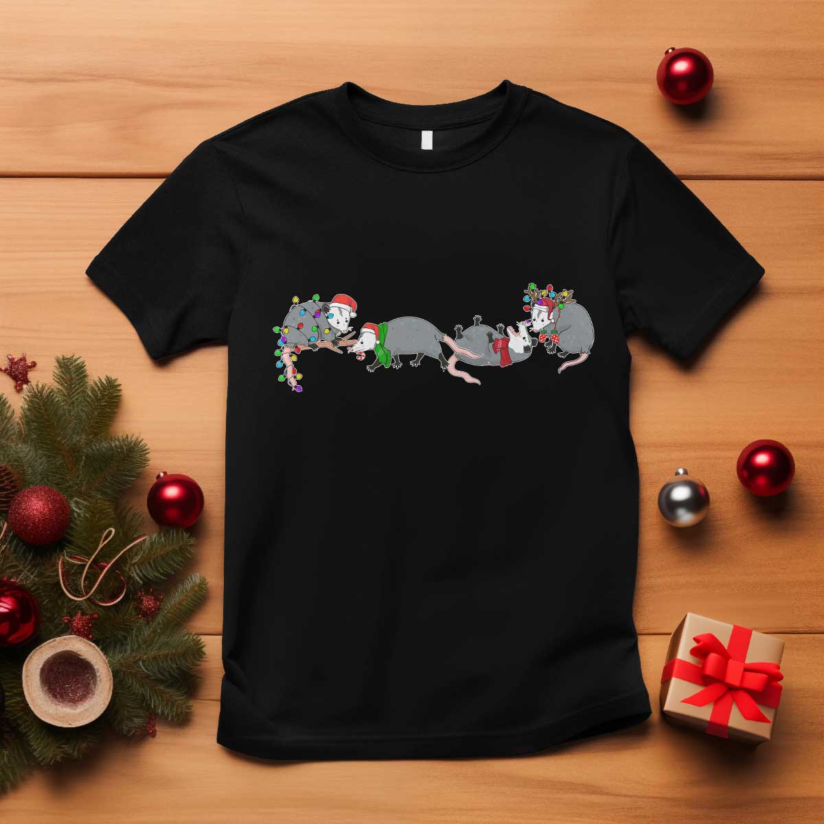 Opossum Christmas T Shirt Funny Wild Animals Xmas Lights TS10 Black Print Your Wear