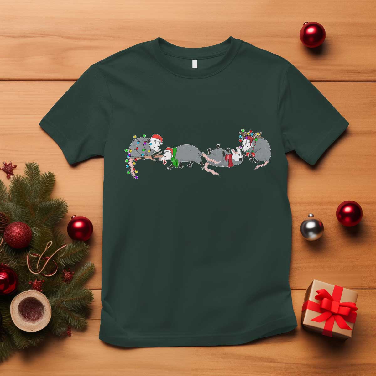Opossum Christmas T Shirt Funny Wild Animals Xmas Lights TS10 Dark Forest Green Print Your Wear