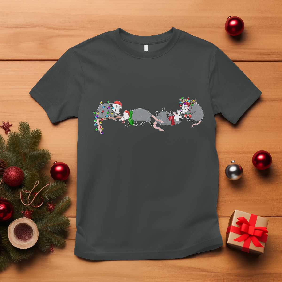 Opossum Christmas T Shirt Funny Wild Animals Xmas Lights TS10 Dark Heather Print Your Wear