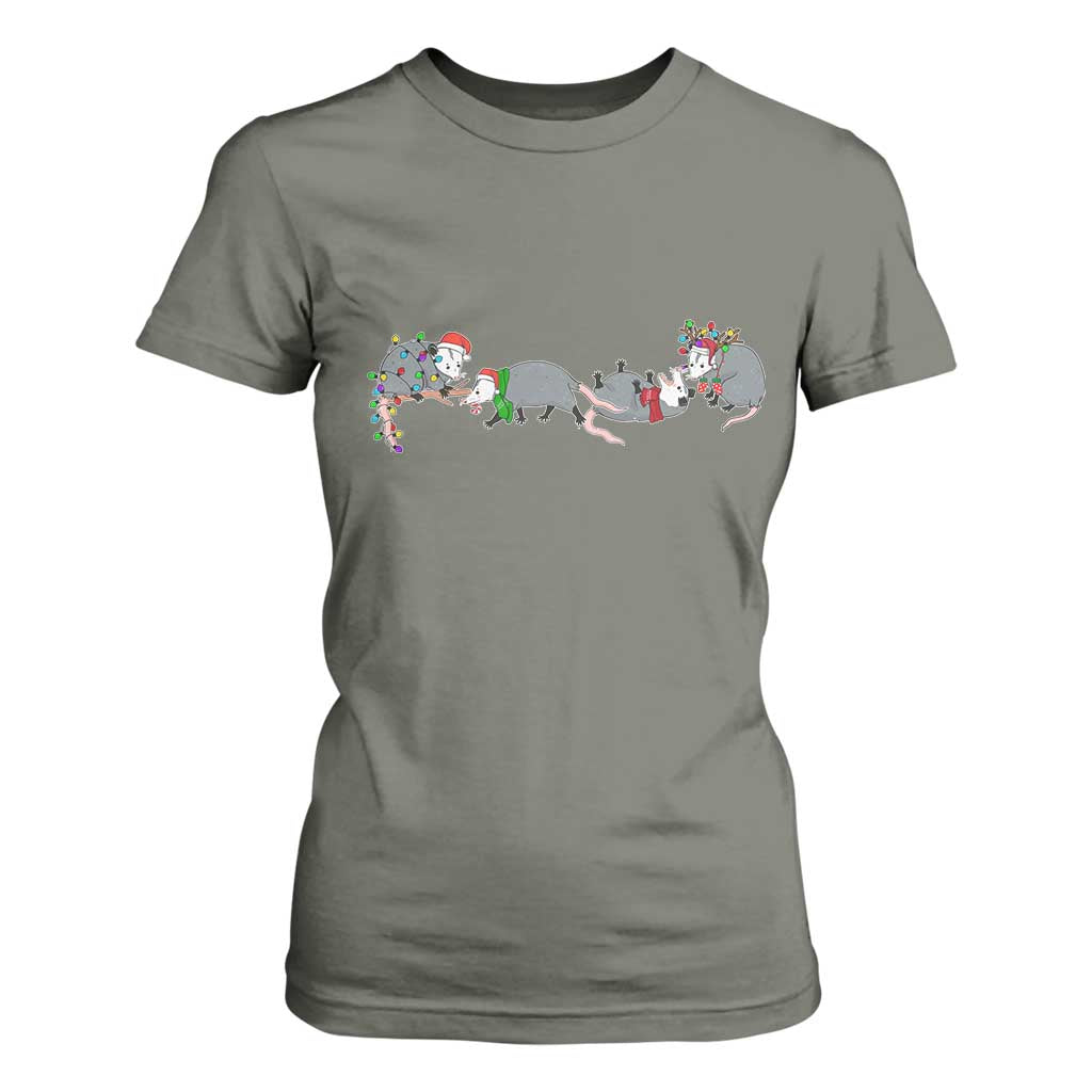 Opossum Christmas T Shirt For Women Funny Wild Animals Xmas Lights TS10 Military Green Print Your Wear