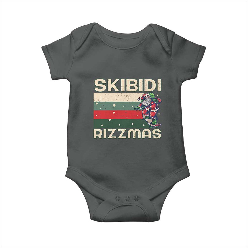 Funny Christmas Baby Onesie Skibidi Rizzmas Rizz Santa Clause Skating Board Xmas Retro Stripe TS10 Dark Heather Print Your Wear