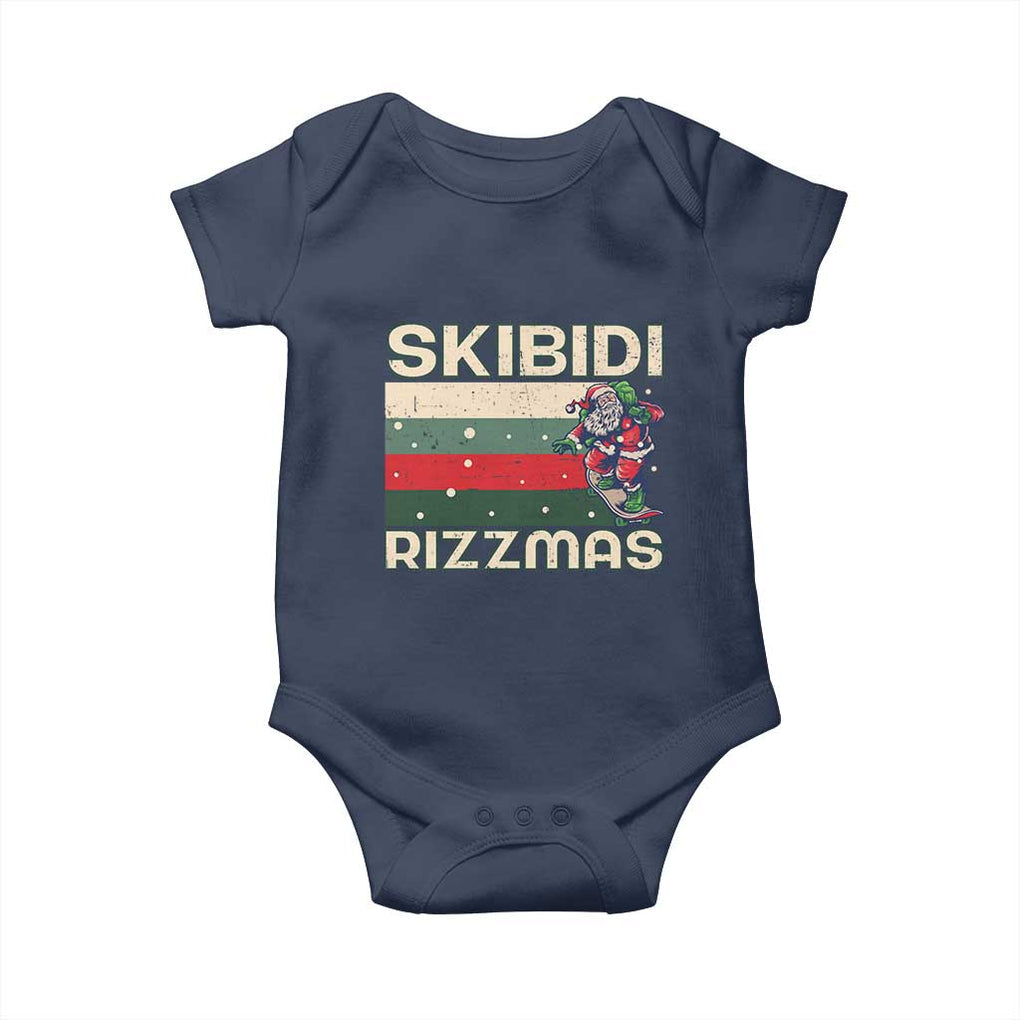 Funny Christmas Baby Onesie Skibidi Rizzmas Rizz Santa Clause Skating Board Xmas Retro Stripe TS10 Navy Print Your Wear
