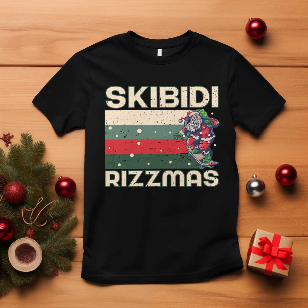 Funny Christmas T Shirt Skibidi Rizzmas Rizz Santa Clause Skating Board Xmas Retro Stripe TS10 Black Print Your Wear