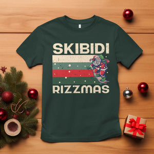 Funny Christmas T Shirt Skibidi Rizzmas Rizz Santa Clause Skating Board Xmas Retro Stripe TS10 Dark Forest Green Print Your Wear