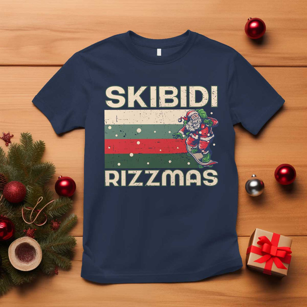 Funny Christmas T Shirt Skibidi Rizzmas Rizz Santa Clause Skating Board Xmas Retro Stripe TS10 Navy Print Your Wear