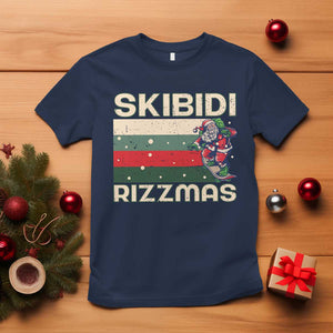 Funny Christmas T Shirt Skibidi Rizzmas Rizz Santa Clause Skating Board Xmas Retro Stripe TS10 Navy Print Your Wear