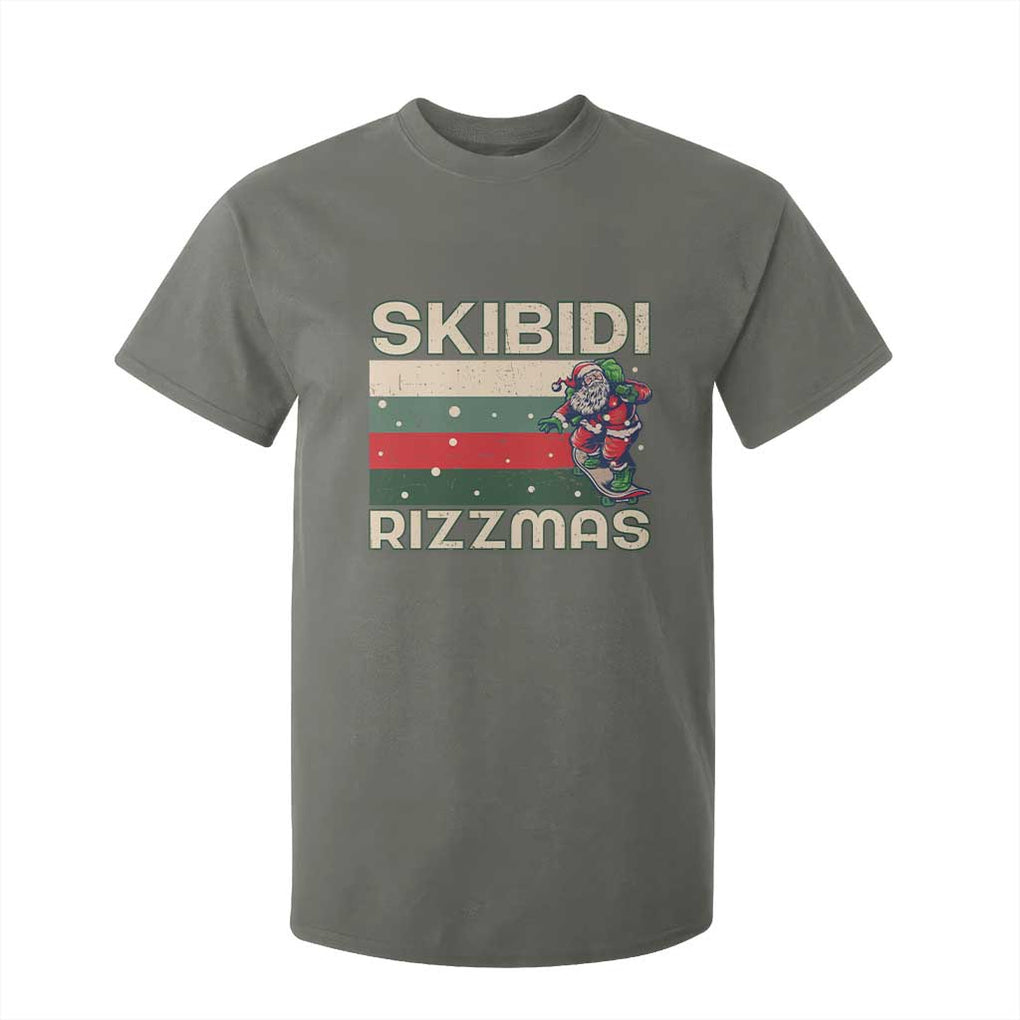 Funny Christmas T Shirt For Kid Skibidi Rizzmas Rizz Santa Clause Skating Board Xmas Retro Stripe TS10 Military Green Print Your Wear