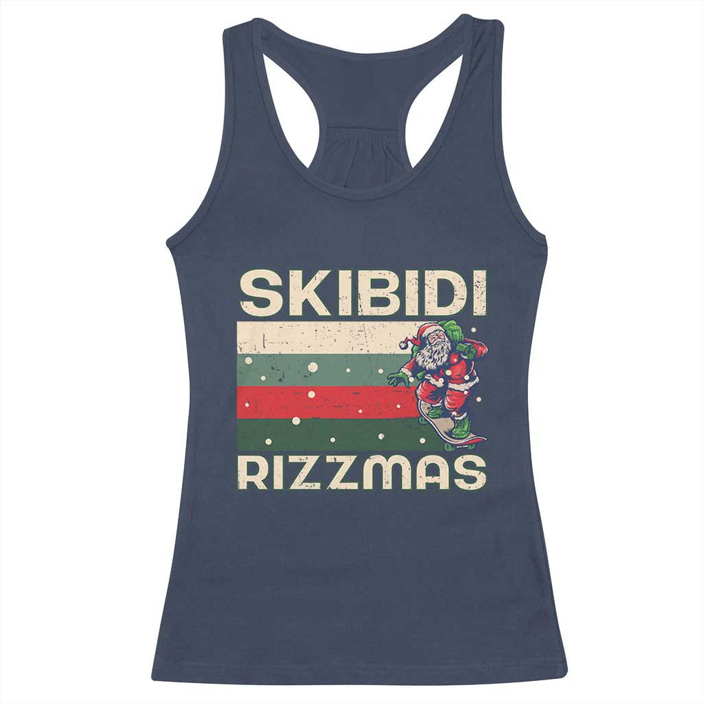 Funny Christmas Racerback Tank Top Skibidi Rizzmas Rizz Santa Clause Skating Board Xmas Retro Stripe TS10 Navy Print Your Wear