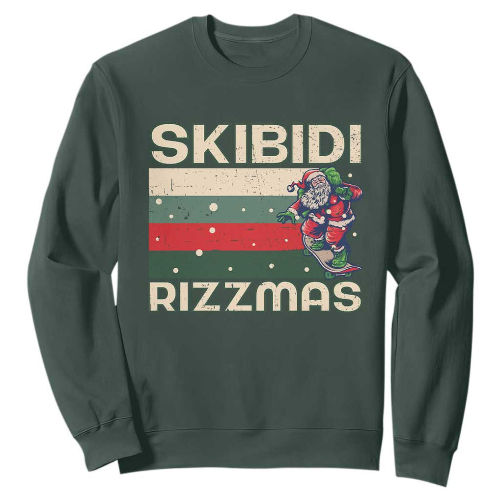 Funny Christmas Sweatshirt Skibidi Rizzmas Rizz Santa Clause Skating Board Xmas Retro Stripe TS10 Dark Forest Green Print Your Wear