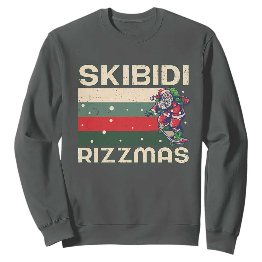 Funny Christmas Sweatshirt Skibidi Rizzmas Rizz Santa Clause Skating Board Xmas Retro Stripe TS10 Dark Heather Print Your Wear