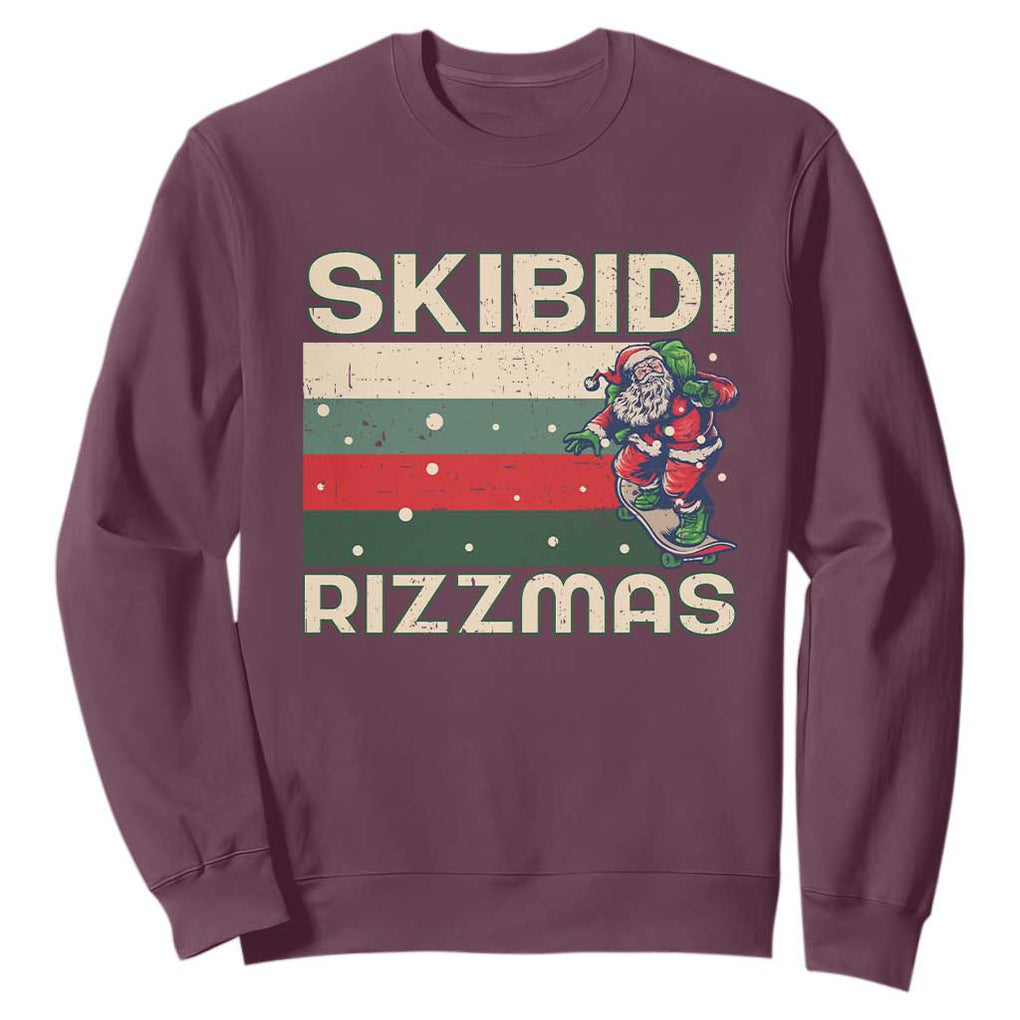 Funny Christmas Sweatshirt Skibidi Rizzmas Rizz Santa Clause Skating Board Xmas Retro Stripe TS10 Maroon Print Your Wear