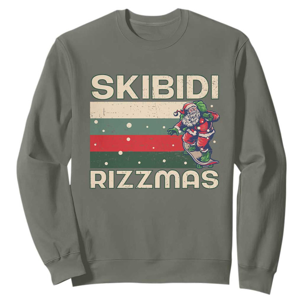 Funny Christmas Sweatshirt Skibidi Rizzmas Rizz Santa Clause Skating Board Xmas Retro Stripe TS10 Military Green Print Your Wear
