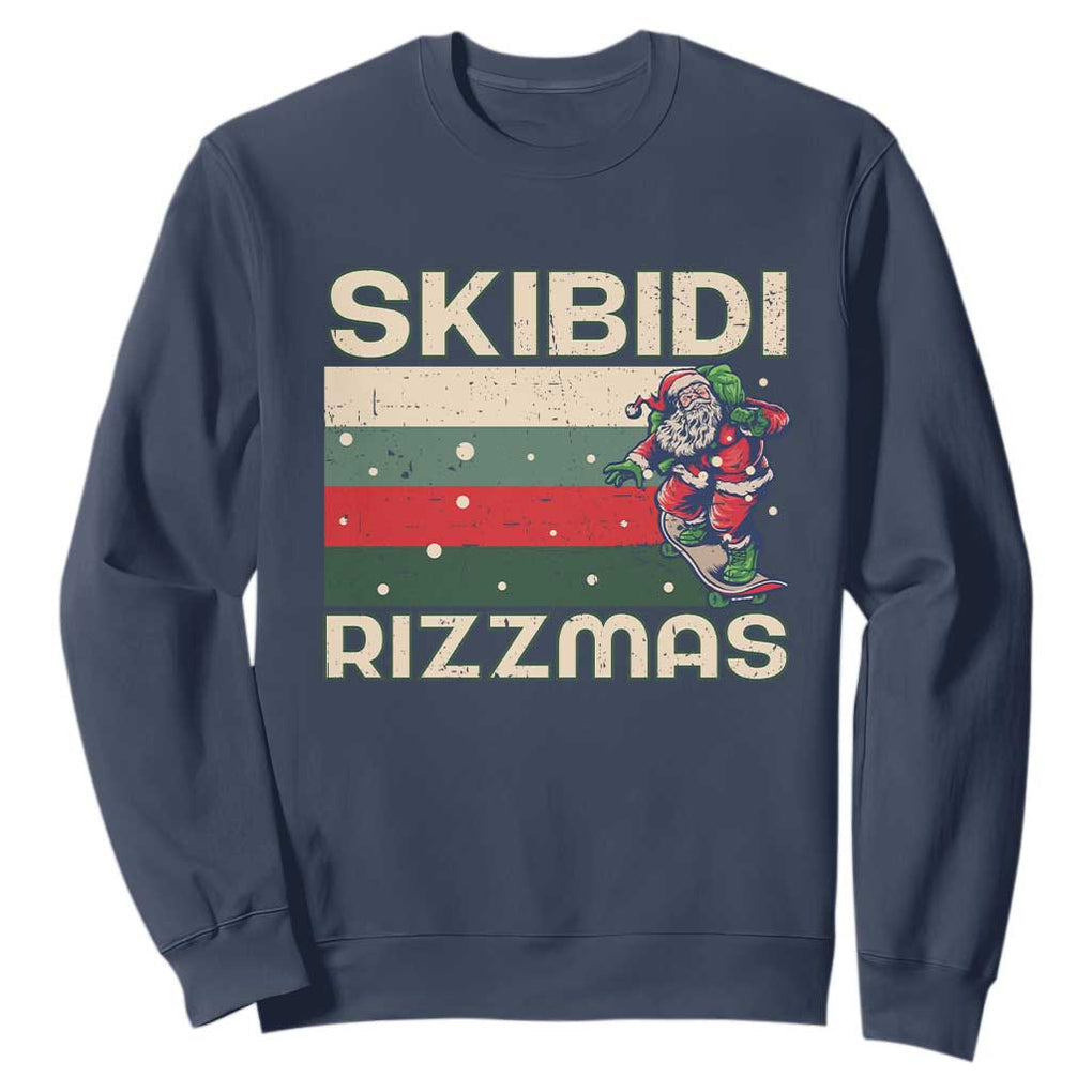 Funny Christmas Sweatshirt Skibidi Rizzmas Rizz Santa Clause Skating Board Xmas Retro Stripe TS10 Navy Print Your Wear