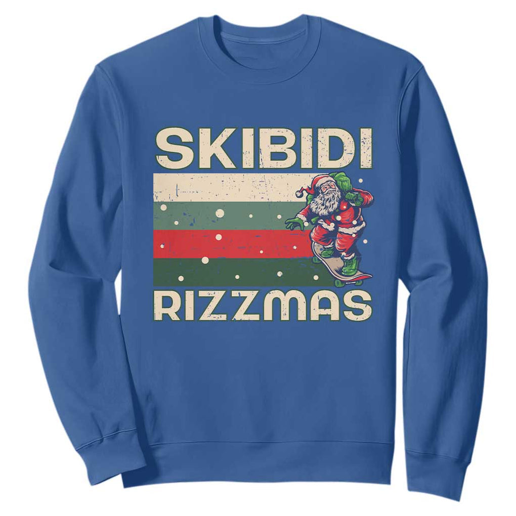 Funny Christmas Sweatshirt Skibidi Rizzmas Rizz Santa Clause Skating Board Xmas Retro Stripe TS10 Royal Blue Print Your Wear