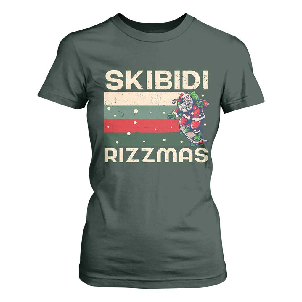Funny Christmas T Shirt For Women Skibidi Rizzmas Rizz Santa Clause Skating Board Xmas Retro Stripe TS10 Dark Forest Green Print Your Wear