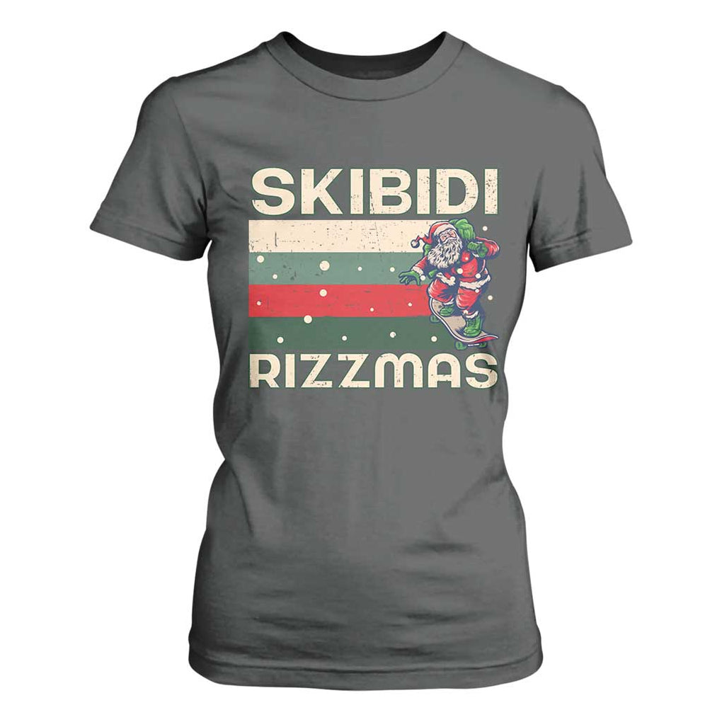 Funny Christmas T Shirt For Women Skibidi Rizzmas Rizz Santa Clause Skating Board Xmas Retro Stripe TS10 Dark Heather Print Your Wear