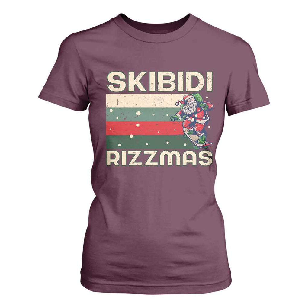 Funny Christmas T Shirt For Women Skibidi Rizzmas Rizz Santa Clause Skating Board Xmas Retro Stripe TS10 Maroon Print Your Wear