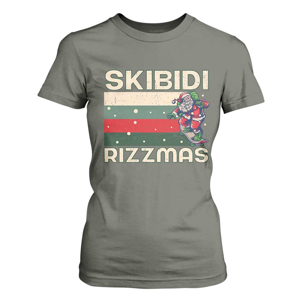Funny Christmas T Shirt For Women Skibidi Rizzmas Rizz Santa Clause Skating Board Xmas Retro Stripe TS10 Military Green Print Your Wear