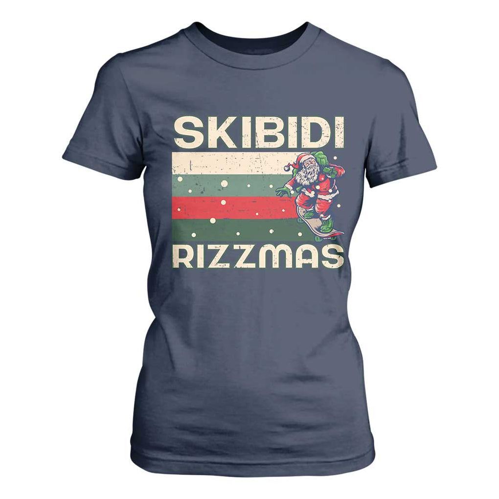 Funny Christmas T Shirt For Women Skibidi Rizzmas Rizz Santa Clause Skating Board Xmas Retro Stripe TS10 Navy Print Your Wear