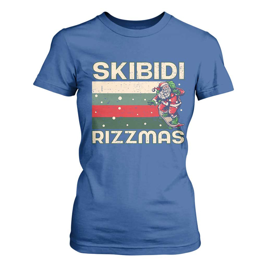 Funny Christmas T Shirt For Women Skibidi Rizzmas Rizz Santa Clause Skating Board Xmas Retro Stripe TS10 Royal Blue Print Your Wear