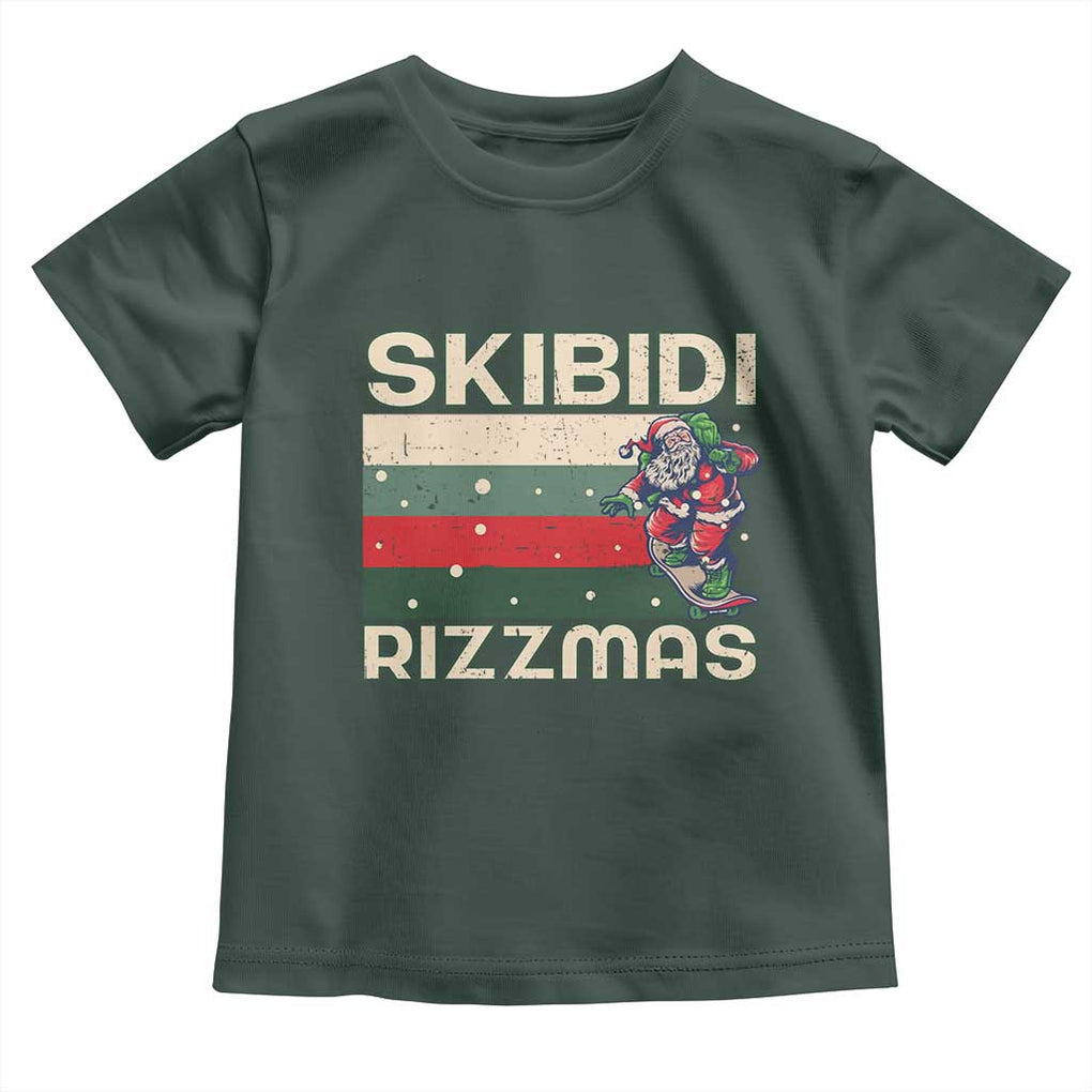Funny Christmas Toddler T Shirt Skibidi Rizzmas Rizz Santa Clause Skating Board Xmas Retro Stripe TS10 Dark Forest Green Print Your Wear