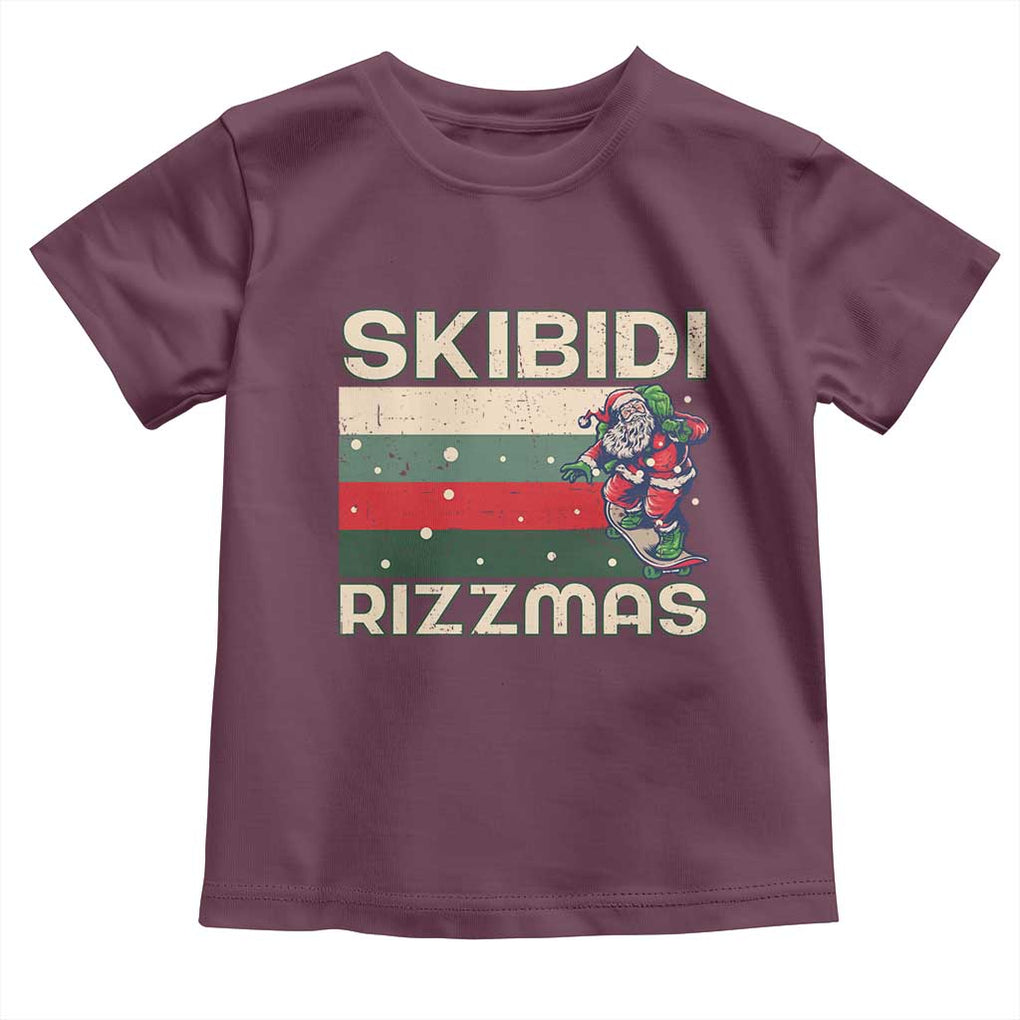 Funny Christmas Toddler T Shirt Skibidi Rizzmas Rizz Santa Clause Skating Board Xmas Retro Stripe TS10 Maroon Print Your Wear