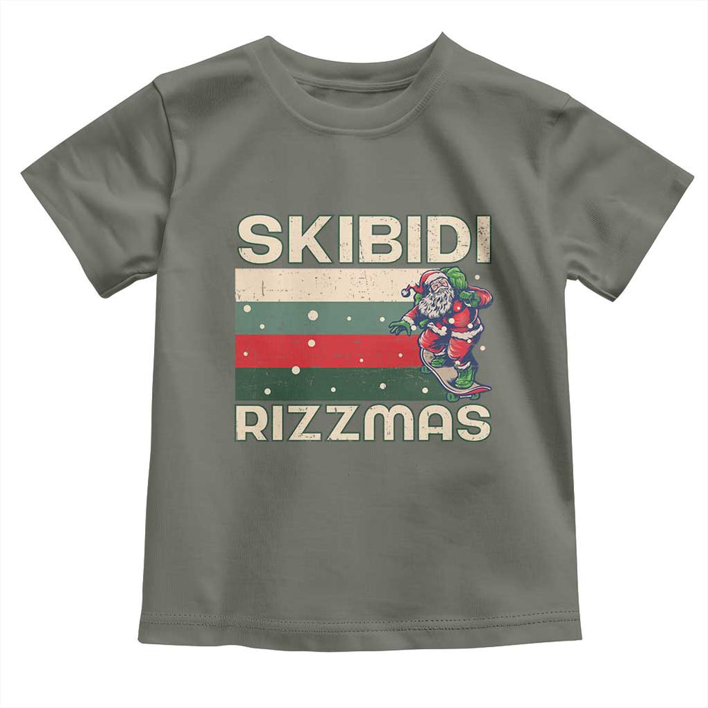 Funny Christmas Toddler T Shirt Skibidi Rizzmas Rizz Santa Clause Skating Board Xmas Retro Stripe TS10 Military Green Print Your Wear